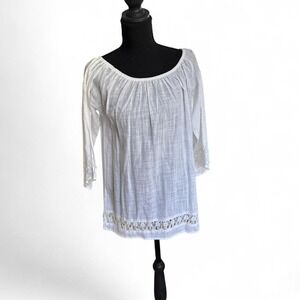 Blanc du Nil White Cotton Gauze Crochet Lace Trim Boho Blouse Top Resort